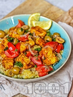 Мароканска салата с филе от риба треска, булгур и маслини - снимка на рецептата